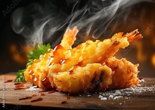 Shrimp tempura on the table. smoking. generative AI image.