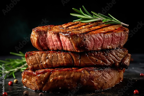Delicious grilled juicy steak isolated on black background