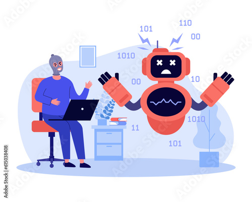 Hacker breaking chatbot vector illustration. Evil man in mask hacking AI robot, using computer to find flaws in system. Artificial intelligence hacking, chatbot disadvantages concept