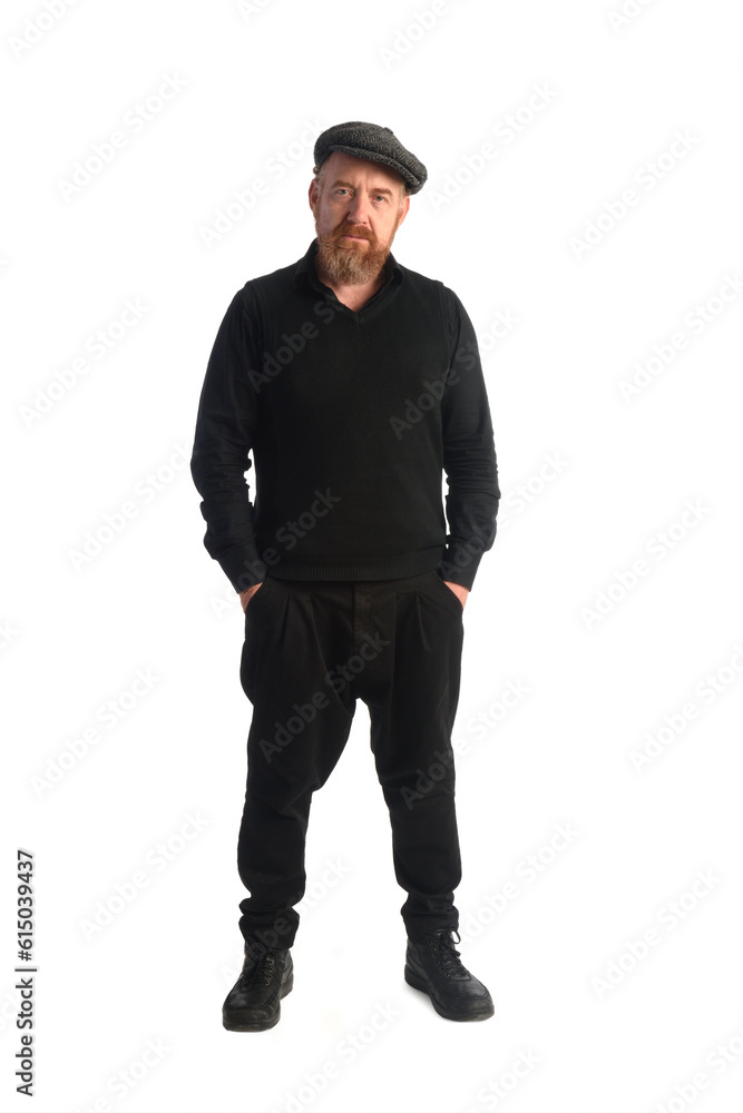 readhead man standing and looking at camera on white background readhead man standing and looking at camera on white background
