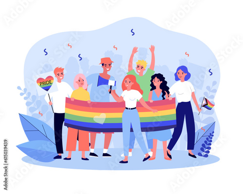 Group of happy people holding rainbow flag vector illustration. Cartoon drawing of LGBT persons celebrating pride month, woman with megaphone. LGBTQ community, communication, human rights concept