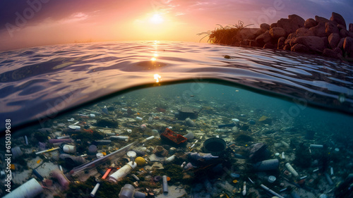 Marine Pollution, Plastic waste in ocean, island, sunset