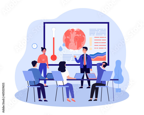 Man giving presentation on global warming at conference. Upset office people talking about high temperature of planet vector illustration. Climate change, environment, ecology concept