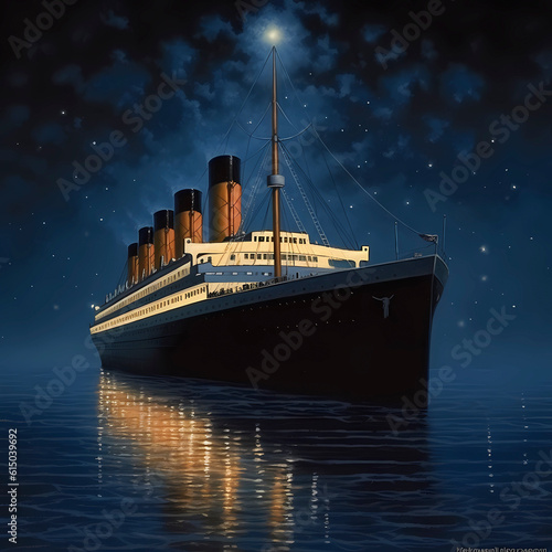 Journey of the Titanic in the Atlantic on a starry night and calm sea, AI generated