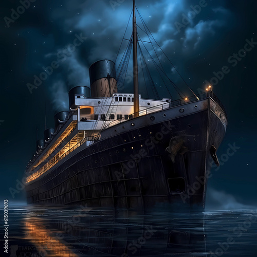 Wallpaper Mural Journey of the Titanic in the Atlantic on a starry night and calm sea, AI genera