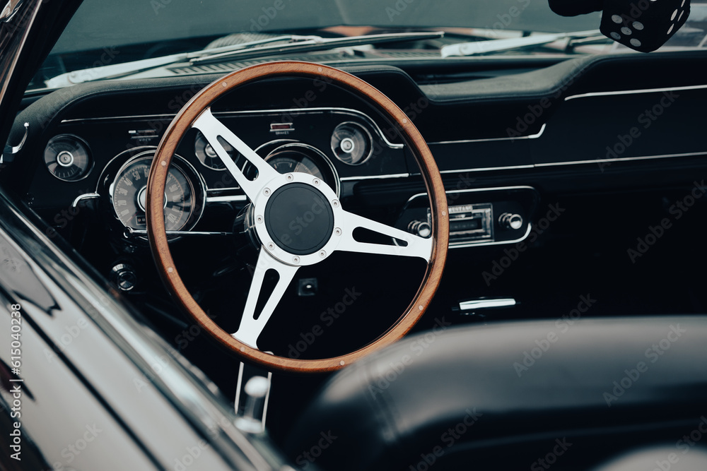 Steering wheel, American muscle car interior, dashboard vintage vehicle