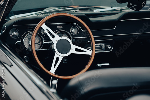 Steering wheel, American muscle car interior, dashboard vintage vehicle