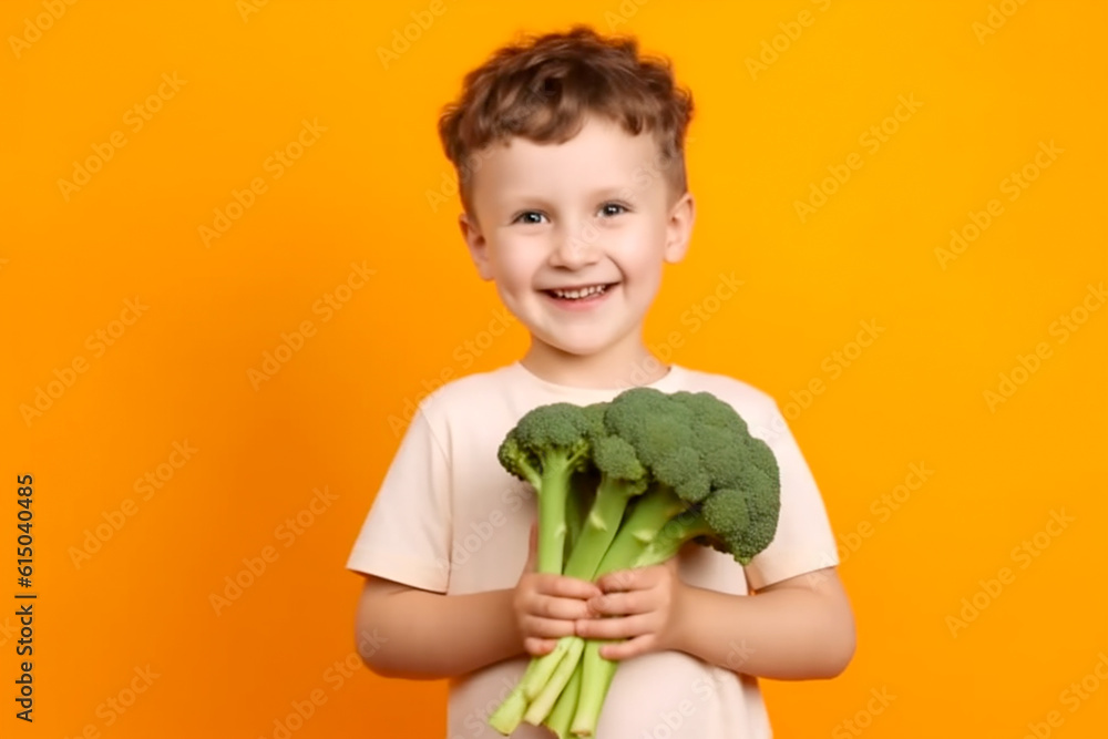 Studio shot of smiling curly boy holding big fresh broccoli against orange background. The concept of healthy baby food. Generative AI Studio shot of smiling curly boy holding big fresh broccoli against orange background. The concept of healthy baby food. Generative AI
