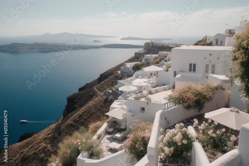 Mediterranean style white elegant houses on the slope with sea view, greek architecture with blooming plant climbing a wall. Modern greek architecture. Traditional villa of Santorini. Generative AI