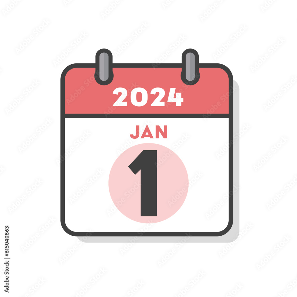 Calendar Icon For New Year's Day, January 1, 2024, Isolated On White 