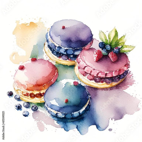 Cakes macaron or macaroon stack on white background, colorful vibrant almond cookies with berries, bright colors. Watercolor style.