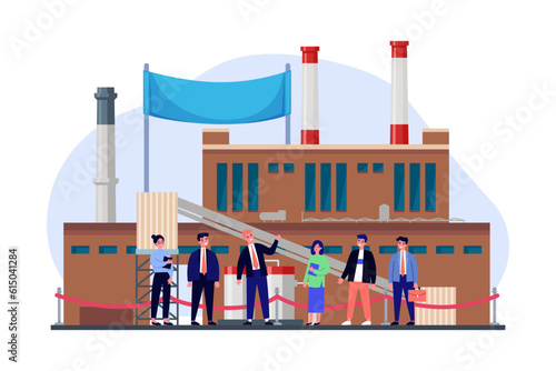 Happy workers presenting new factory vector illustration. Governors opening new enterprises to boost job creation and economy. Job shortage, enterprise construction concept