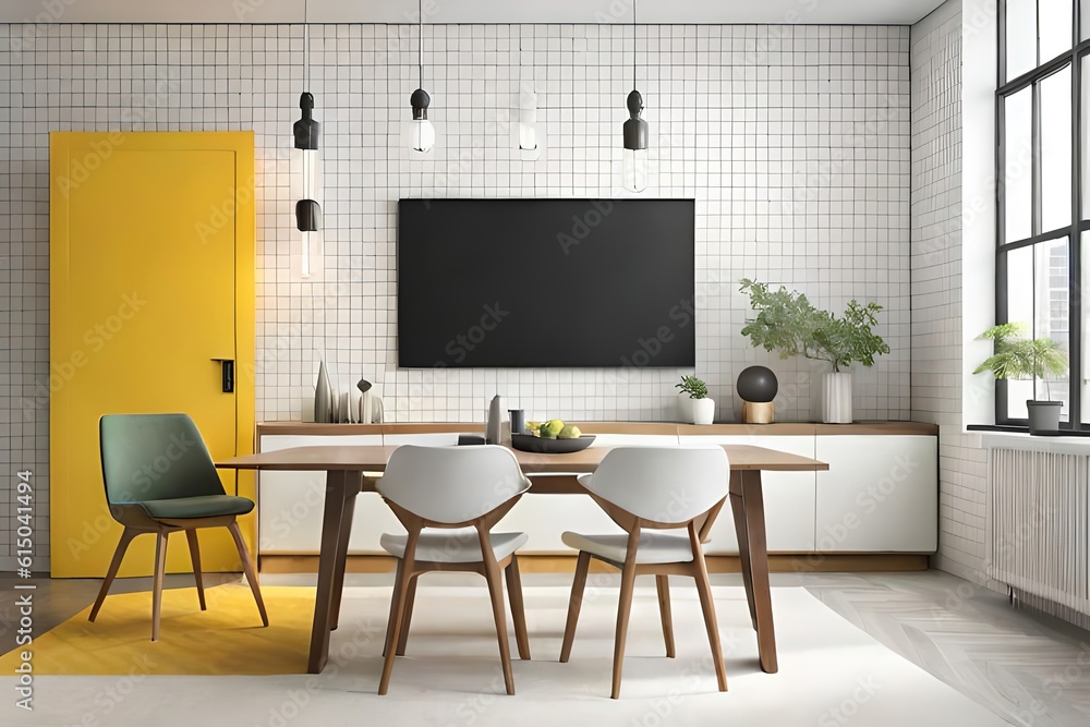 chairs and table with a TV plasma on the wall, lamps, carpet on the floor, window, plants, vase, decoration, yellow door using Generative Ai technologie