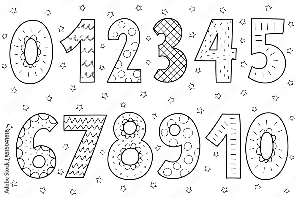 Cute black and white numbers collection for kids. Outline set of happy