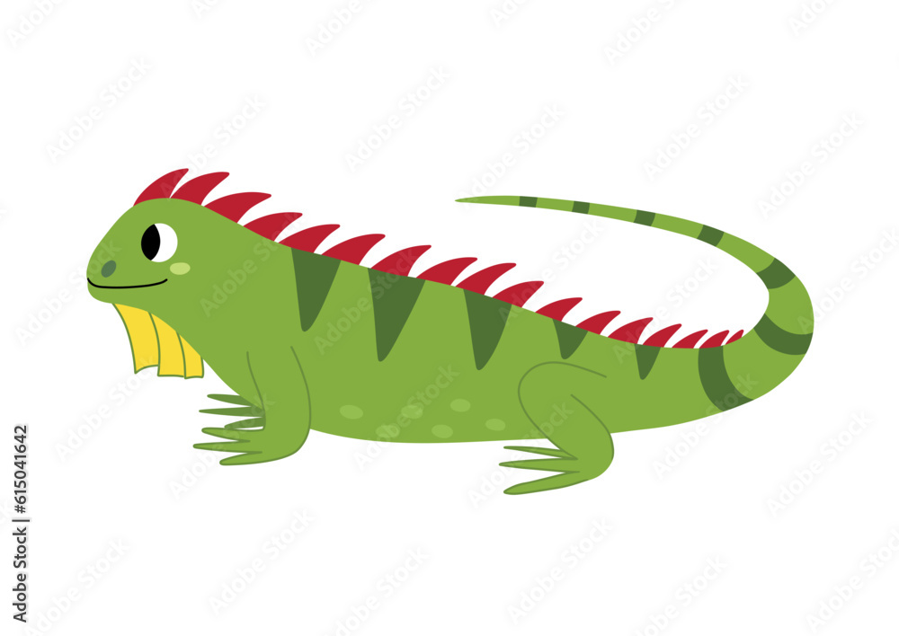 Obraz premium Cute iguana in cartoon style. Wild green lizard character isolated on white background. Reptile iguana element. Vector Illustration