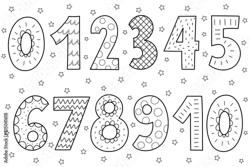 Cute black and white  numbers collection for kids. Outline set of happy numbers in cartoon style. Educational clipart for coloring page. Vector illustration