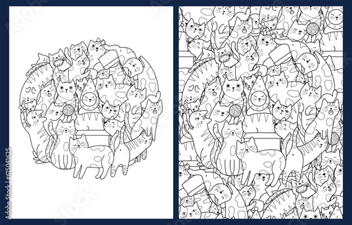 Coloring pages set with funny doodle cats. Cute feline animals templates for coloring book in US Letter format. Collection with black and white colouring pages. Vector illustration