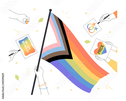 Hands holding LGBTQ flag and placards vector illustration. Cartoon drawing of person holding new progressive LGBT flag, pride month symbols. LGBTQ community, human rights, equality, freedom concept