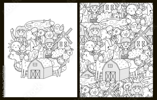 Coloring pages set with cute farm characters. Doodle background with animals and farmers for coloring book in US Letter format. Collection with black and white colouring pages. Vector illustration