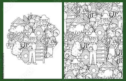 Coloring pages set with farm characters. Cute bees and beekeeper background for coloring book in US Letter format. Collection with black and white colouring pages. Vector illustration