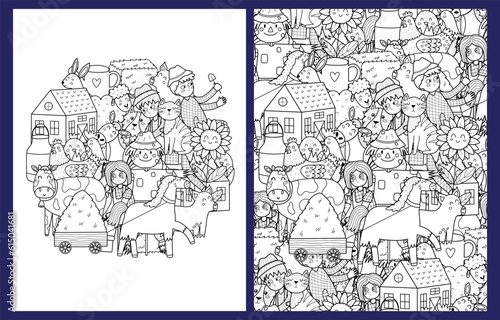 Cute farm characters coloring pages set in US Letter format. Black and white background with animals and farmers. Templates for coloring book. Vector illustration