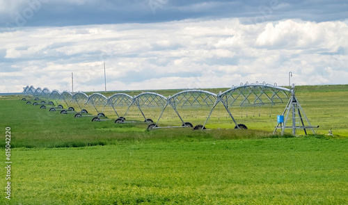 A spray water irrigation system at an agriculture facility farm in Lethbridge, Alberta, Canada.