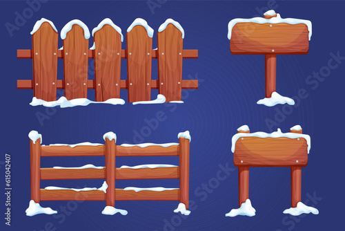 Wooden blank, signboard and fence with snow in cartoon style.Empty frame, direction plank isolated on white background. Game element Season decoration