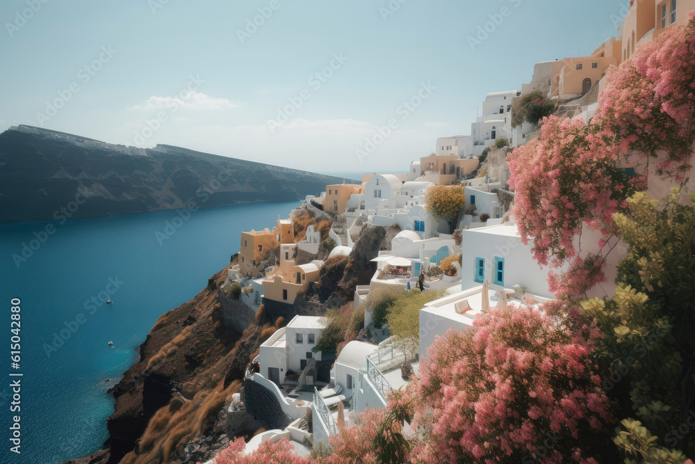 Aerial view of a greek island with traditional architecture with whute houses and blue roofs. Mediterranean style white elegant houses on the slope with sea view and blooming plants. Generative AI