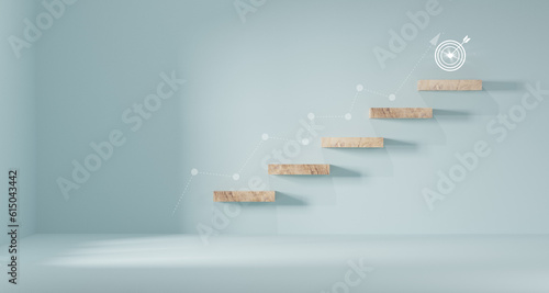 Growth or increase design concept. Cube block staircase moving step growing up to target. Success achievement or goal business motivation.