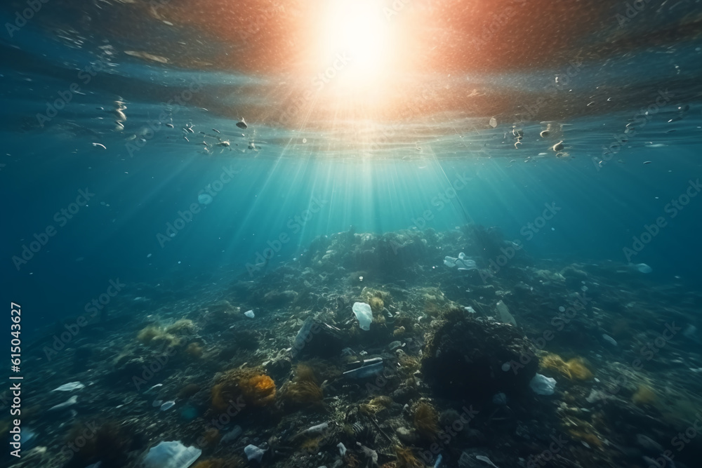 Plastic waste deep in the ocean underwater Plastic waste deep in the ocean underwater