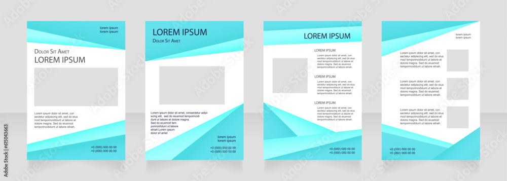 Bright turquoise blank brochure layout design. Real estate info. Vertical poster template set with empty copy space for text. Premade corporate reports collection. Editable flyer paper pages