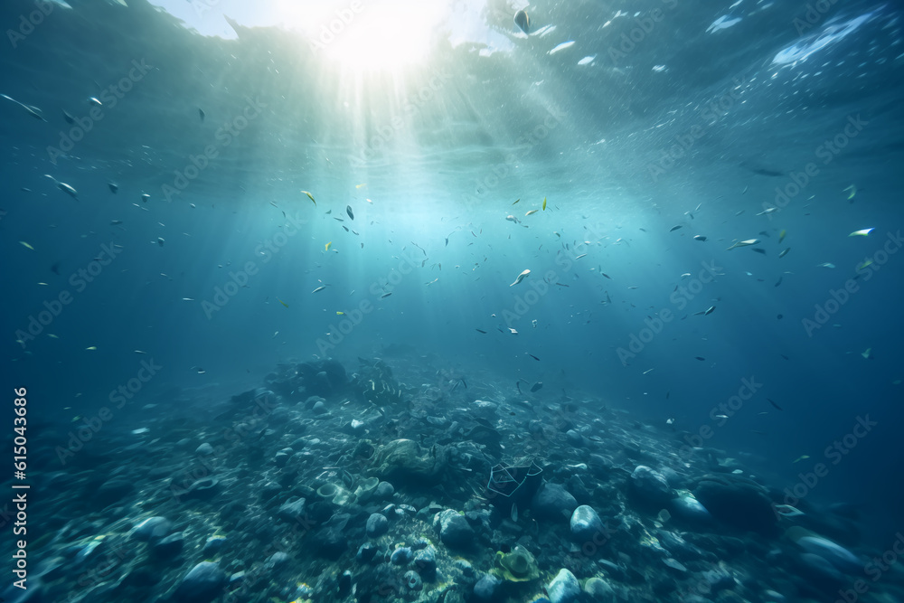Plastic waste deep in the ocean underwater Plastic waste deep in the ocean underwater