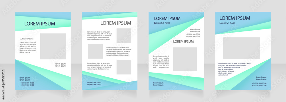 Turquoise blank brochure layout design. Promotional info. Vertical poster template set with empty copy space for text. Premade corporate reports collection. Editable flyer paper pages Turquoise blank brochure layout design. Promotional info. Vertical poster template set with empty copy space for text. Premade corporate reports collection. Editable flyer paper pages