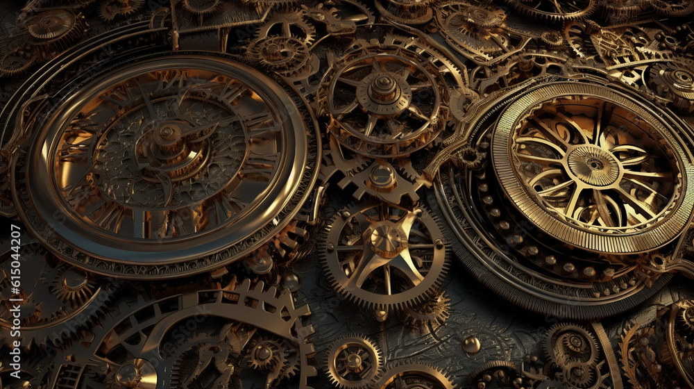 clock background, generative, ai, machine, mechanical, green,, gold