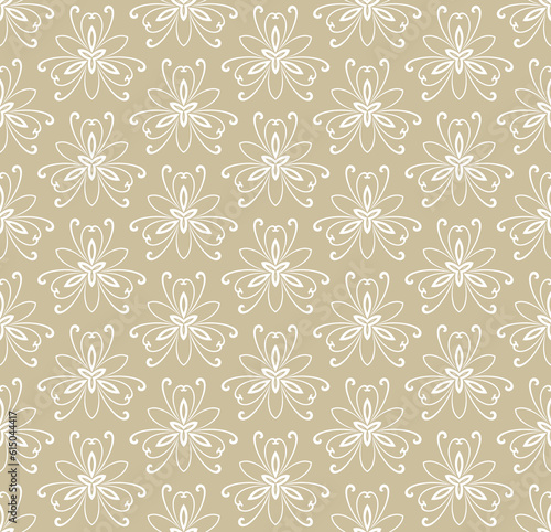 Floral ornament. Seamless abstract classic background with flowers. Pattern with golden and white floral elements. Ornament for fabric, wallpaper and packaging