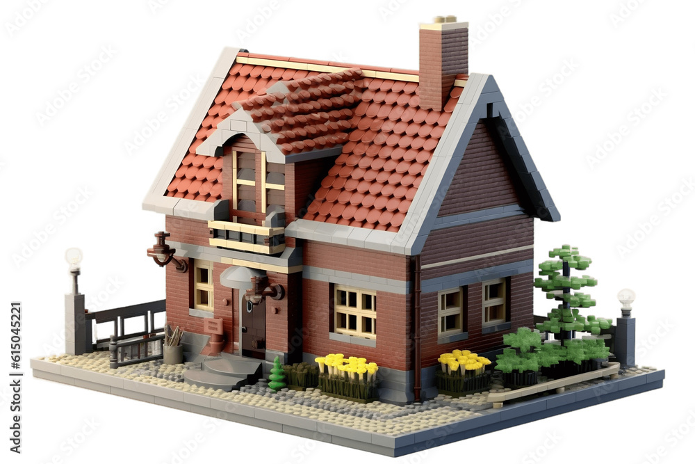 Small Suburban Brick House with Deck: Transparent background. AI