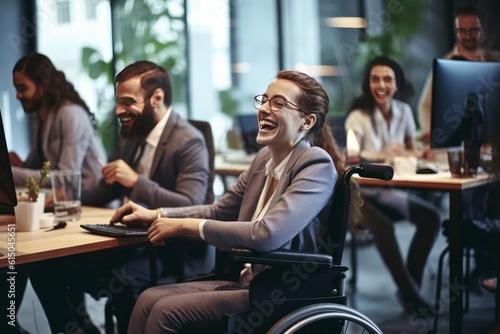 Happy woman in a wheelchair working on computer in office and chatting with other colleagues