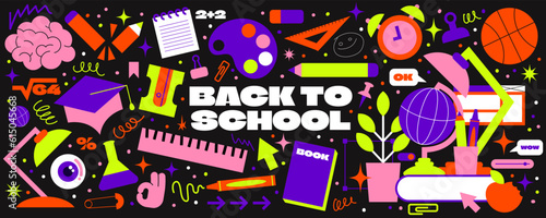School element stickers, stationery in cartoon retro cartoon groovy style