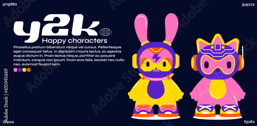 y2k characters robots futuristic retro cartoon style. Animal head mascots in the future style. 90s groovy retro cyber heroes	