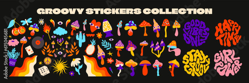 Retro 70s hippie stickers, psychedelic groovy elements. Funky cartoon mushrooms, cactus, rainbow, vintage set of vector elements in vintage style. stickers vinyl, sun, flowers