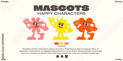 Cartoon characters retro star of the 90s. fashion poster. funny colorful doodles in hippie style. Vector groovy mascot shapes. illustration with typography