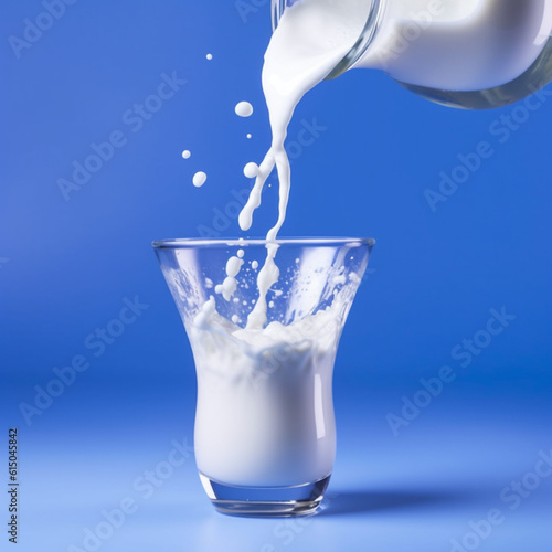 Pouring milk from glass to glass, blue background