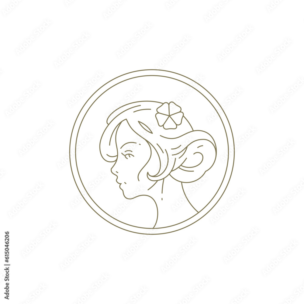 Romantic female head flower hairstyle circle frame minimalist line beauty logo vector illustration Romantic female head flower hairstyle circle frame minimalist line beauty logo vector illustration