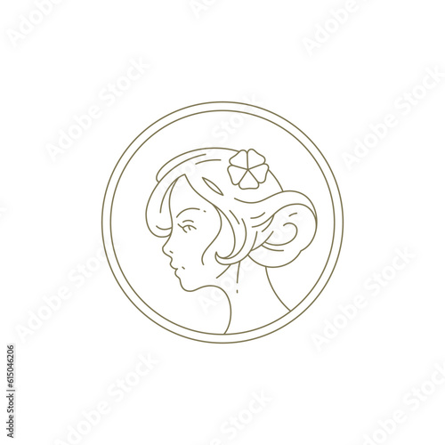 Romantic female head flower hairstyle circle frame minimalist line beauty logo vector illustration