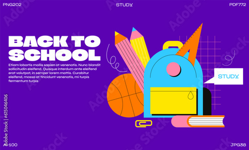 Poster back to school elements, backpack, stationery retro cartoon illustration groovy style