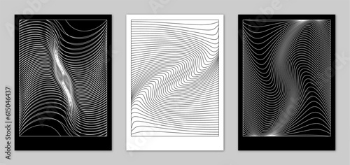 Black and white geometric posters with distorted lines, set. Abstract Wall Art.