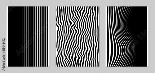 Black and white geometric posters with wavy lines, set. Abstract Wall Art.