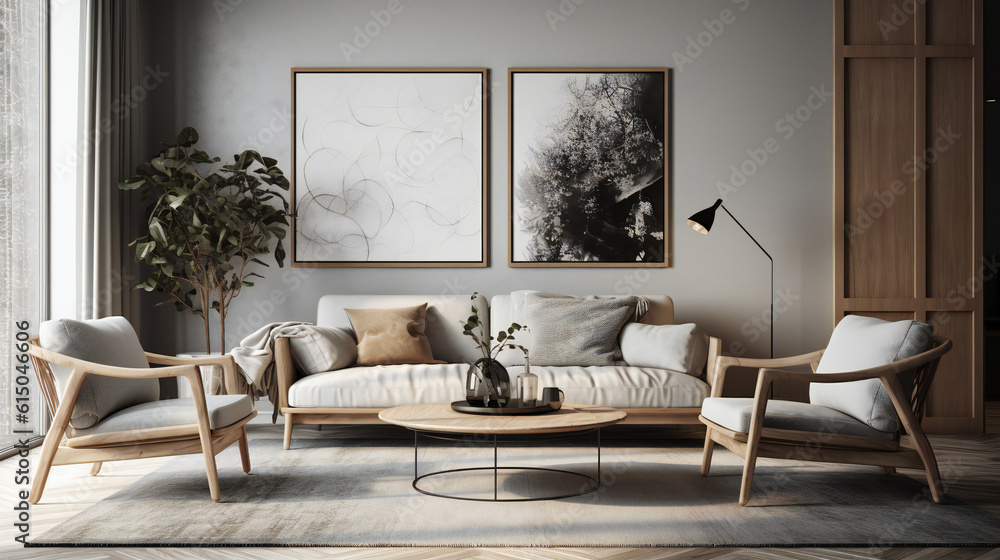 Fototapeta premium Stylish Interior with an Abstract Mockup Frame Poster, Modern interior design, 3D render, 3D illustration