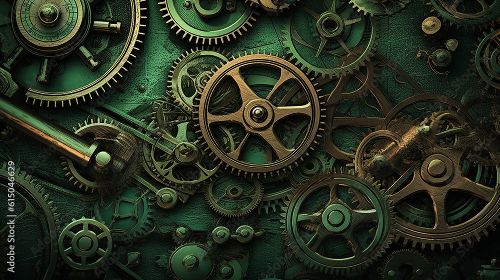 clock background, generative, ai, machine, mechanical, green, blue, gold