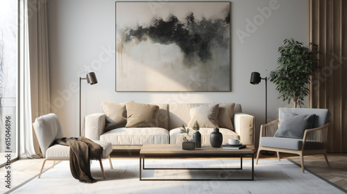 Stylish Interior with an Abstract Mockup Frame Poster, Modern interior design, 3D render, 3D illustration